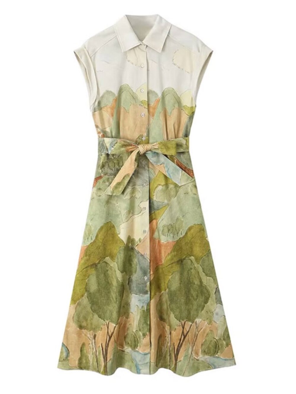 Zara Watercolor Landscape Shirt Dress M Mountain Scenery Cotton Midi Pocket Belt